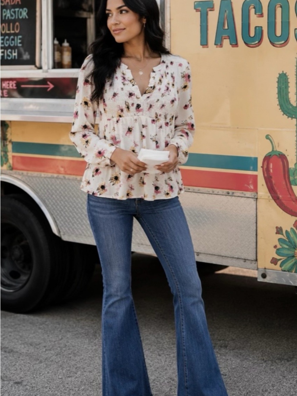 Cottagecore Cream Floral Smocked Peplum Top Long Sleeves Boho V-Neckline SZM